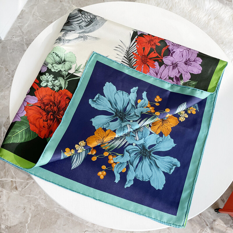 Birds And Flower Double-sides Print 16 Momme Silk Twill Scarf